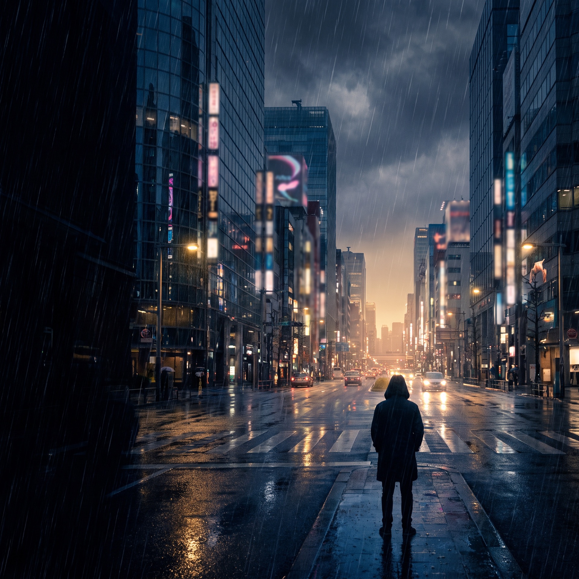 雨の夜の都市に立つ人物 — モズ総合探偵社のブランドビジュアル